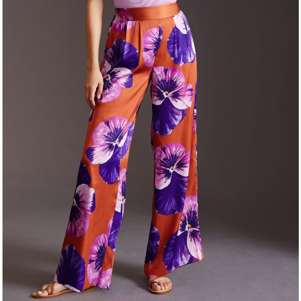 Anthropologie Wide-Leg Pants in Rust with Purple & Pink Floral Print - Picture 3 of 12